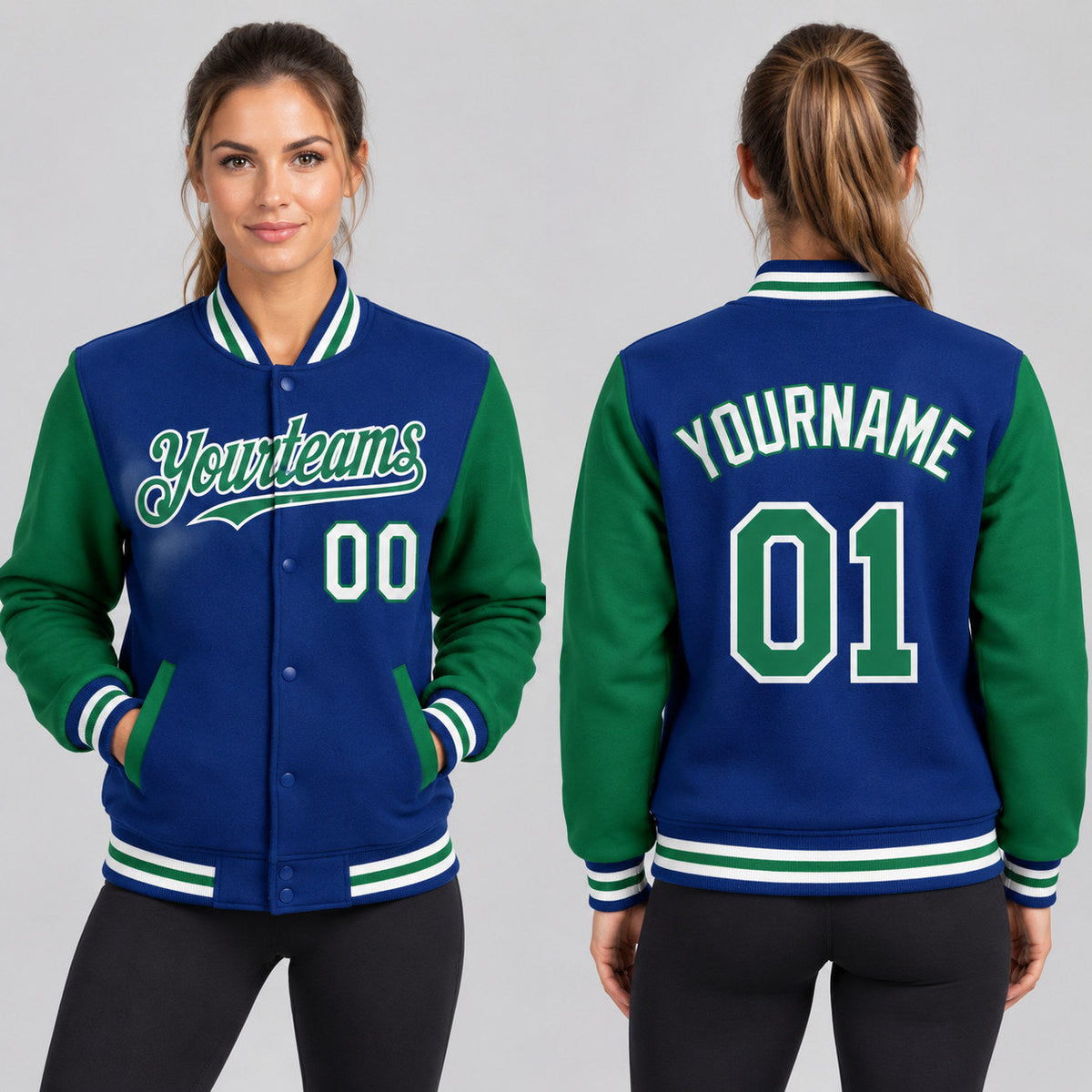 Custom Royal Full Snap Bomber Two Tone Varsity Jacket with Kelly Green and White Accents Design 3540 worn by female model