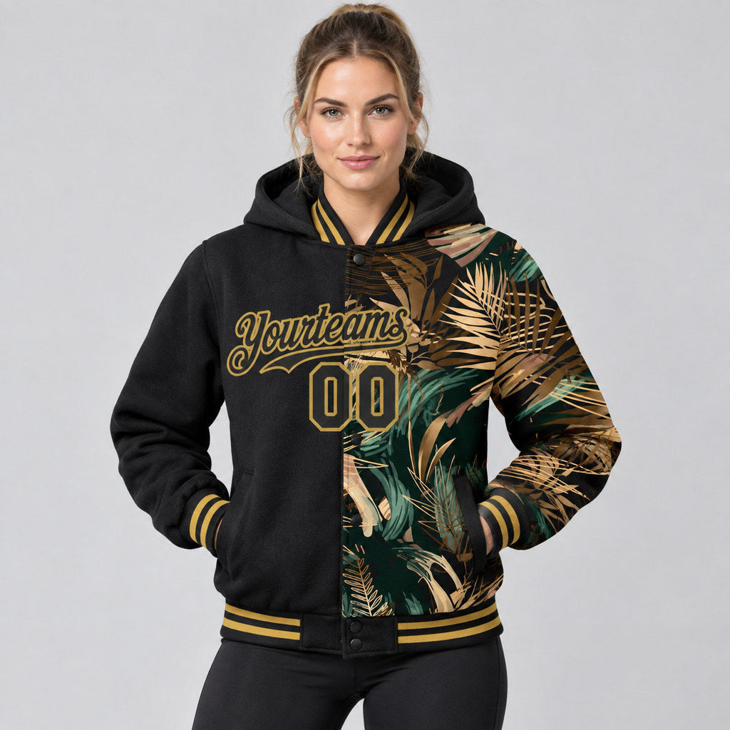 Custom Black Tropical Hawaii Jungle Full Snap Bomber Hooded Varsity Jacket with Old Gold Accents worn by female model