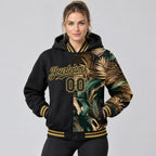 Custom Black Tropical Hawaii Jungle Full Snap Bomber Hooded Varsity Jacket with Old Gold Accents worn by female model