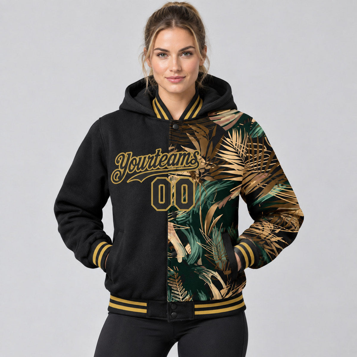 Custom Black Tropical Hawaii Jungle Full Snap Bomber Hooded Varsity Jacket with Old Gold Accents worn by female model