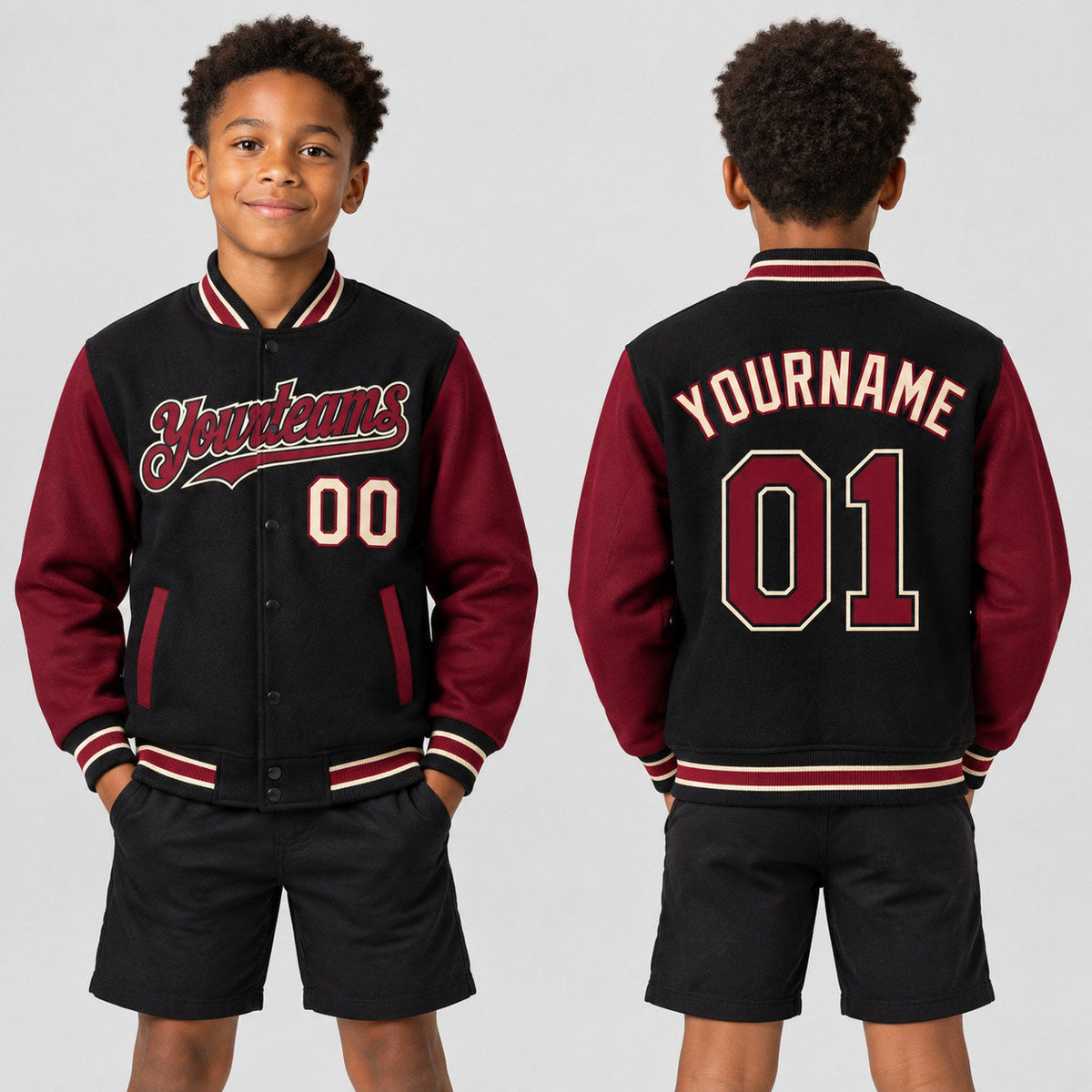 Custom Black Full Snap Bomber Two Tone Varsity Jacket with Crimson and City Cream Accents youth size worn by child model
