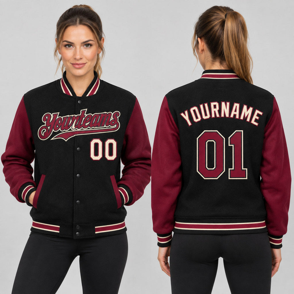 Custom Black Full Snap Bomber Two Tone Varsity Jacket with Crimson and City Cream Accents worn by female model