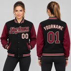 Custom Black Full Snap Bomber Two Tone Varsity Jacket with Crimson and City Cream Accents worn by female model