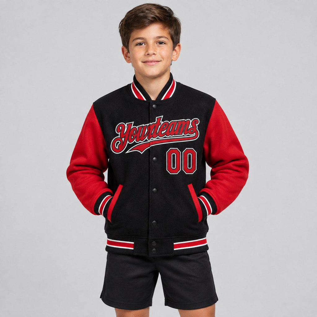 Custom Black Full Snap Bomber Two Tone Varsity Jacket with Red and White Accents Design 3043 youth size worn by child model