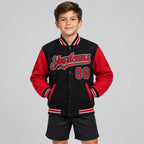 Custom Black Full Snap Bomber Two Tone Varsity Jacket with Red and White Accents Design 3043 youth size worn by child model