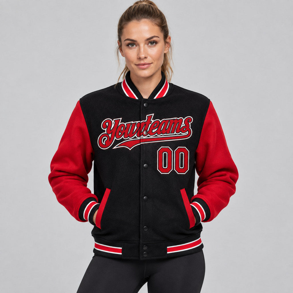 Custom Black Full Snap Bomber Two Tone Varsity Jacket with Red and White Accents Design 3043 worn by female model