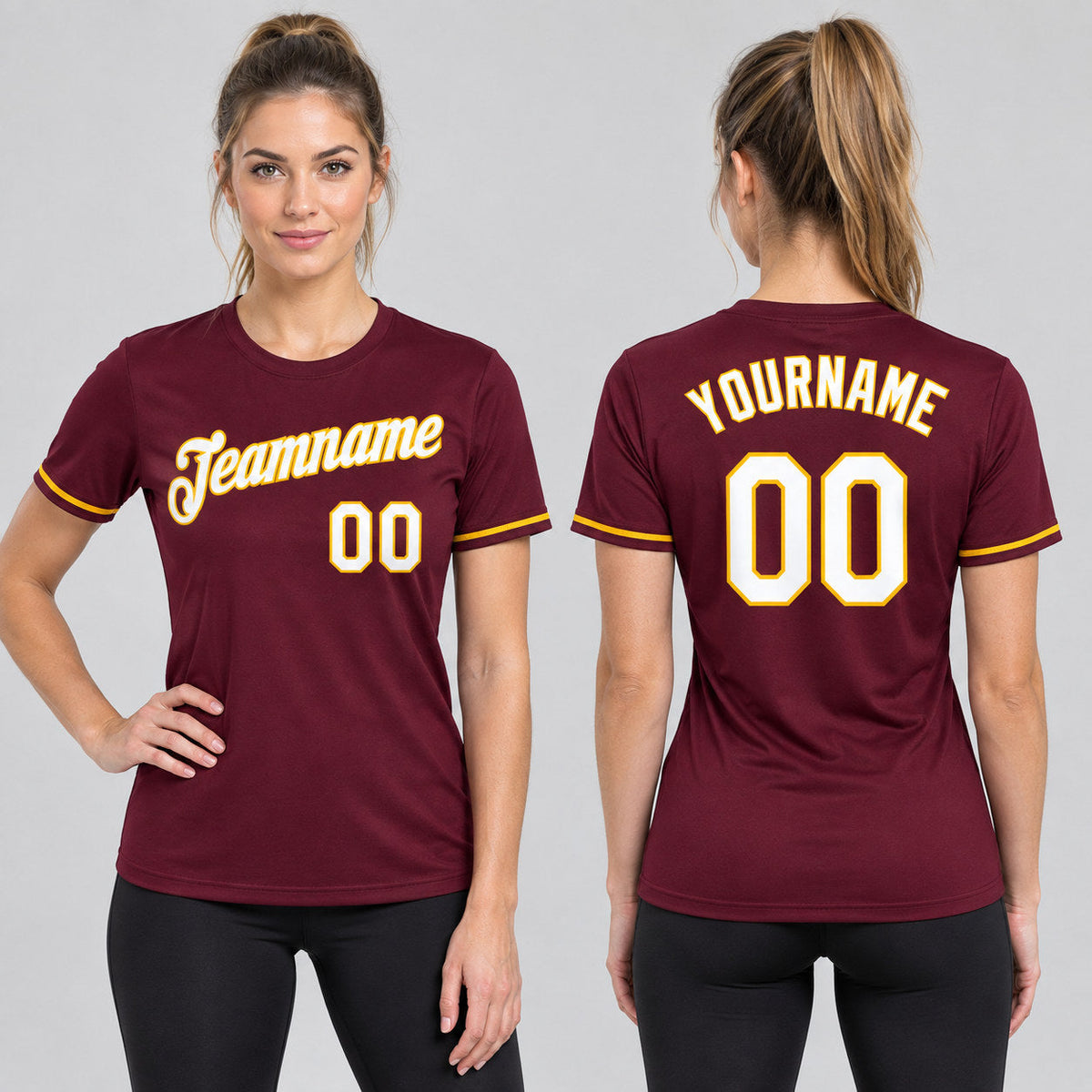 Custom Burgundy Performance T-Shirt with White and Yellow Lettering worn by female model