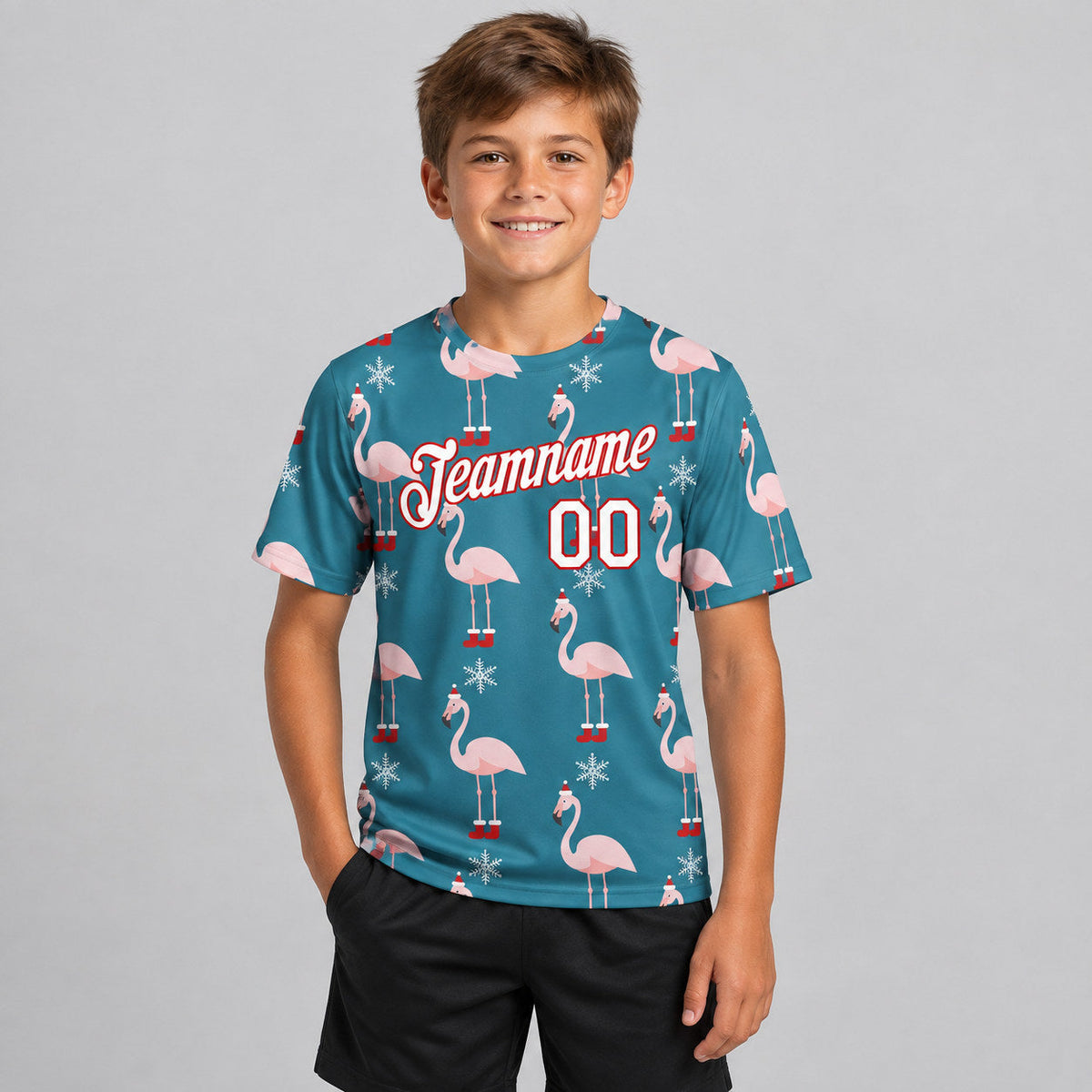 Custom Aqua Christmas Performance T-Shirt with White and Red Lettering youth size worn by child model