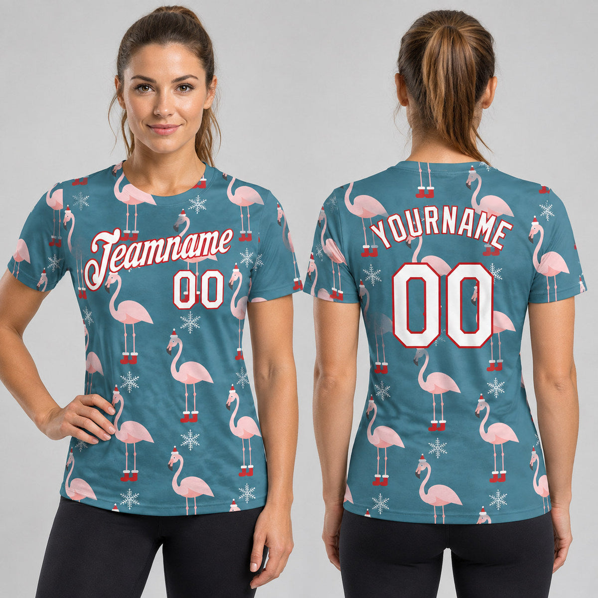 Custom Aqua Christmas Performance T-Shirt with White and Red Lettering worn by female model