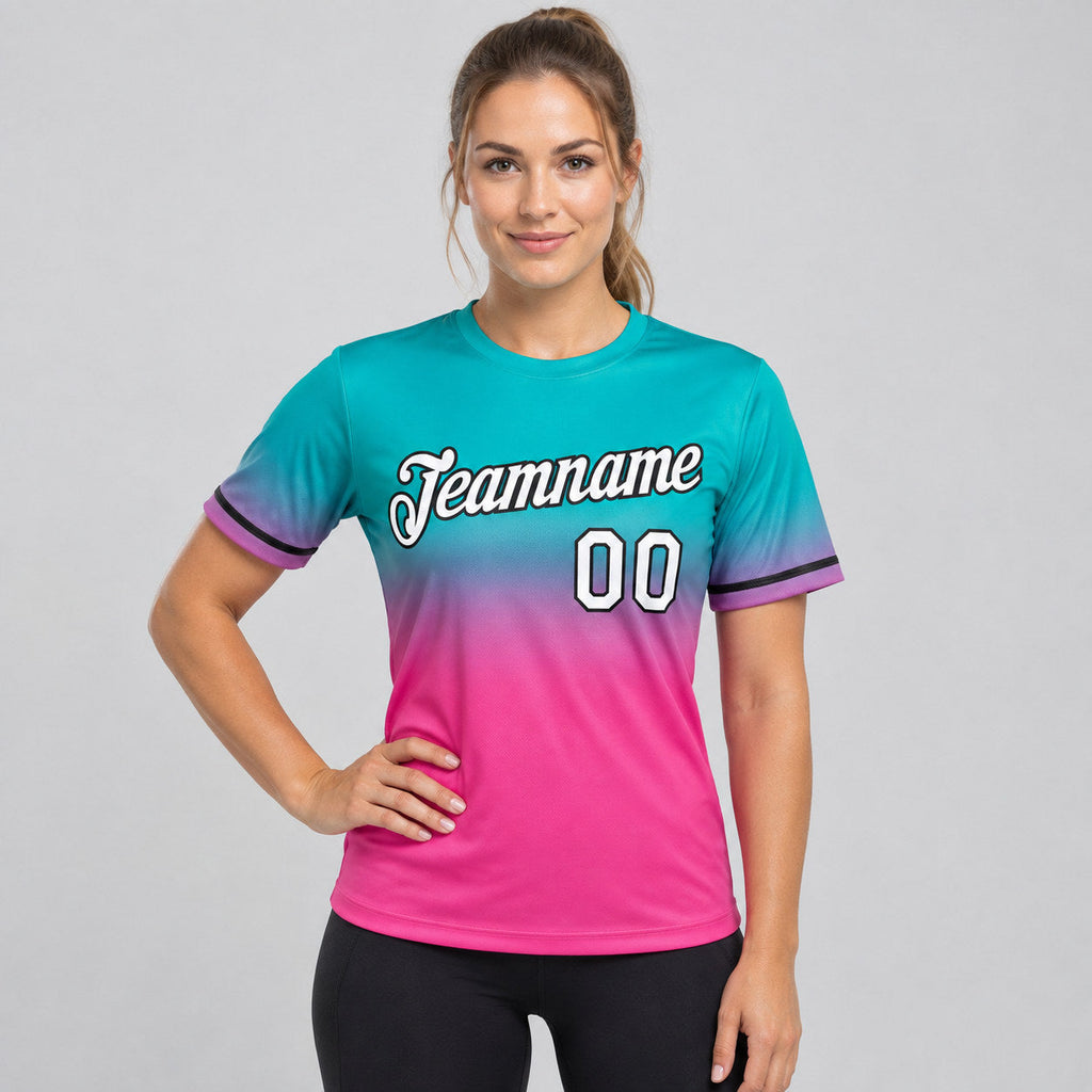 Custom Aqua Fade Performance T-Shirt with Pink and Black Lettering worn by female model