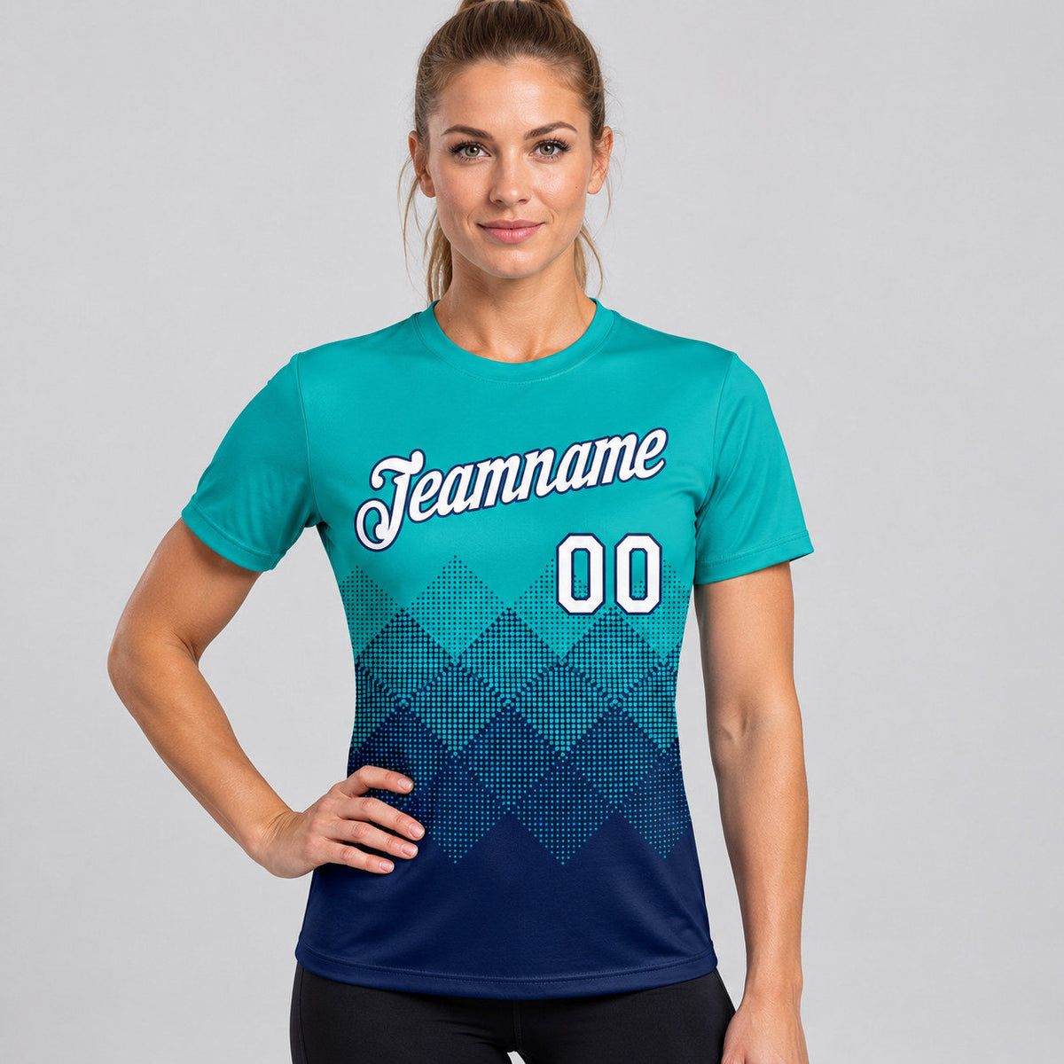 Custom Aqua Gradient Square Shapes Performance T-Shirt with White and Navy Lettering worn by female model