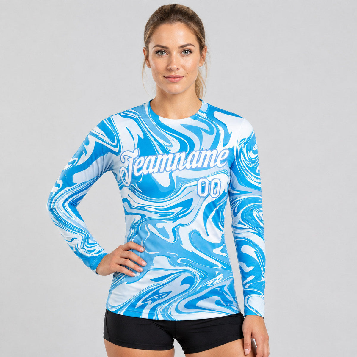 Custom Abstract Ocean With Waves Fluid Long Sleeve Performance T-Shirt worn by female model