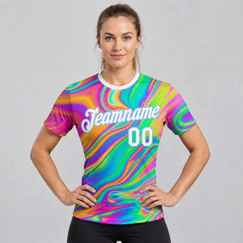 Custom Abstract Colorful Psychedelic Fluid Art Performance T-Shirt Design 0920 worn by female model