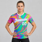 Custom Abstract Colorful Psychedelic Fluid Art Performance T-Shirt Design 0920 worn by female model