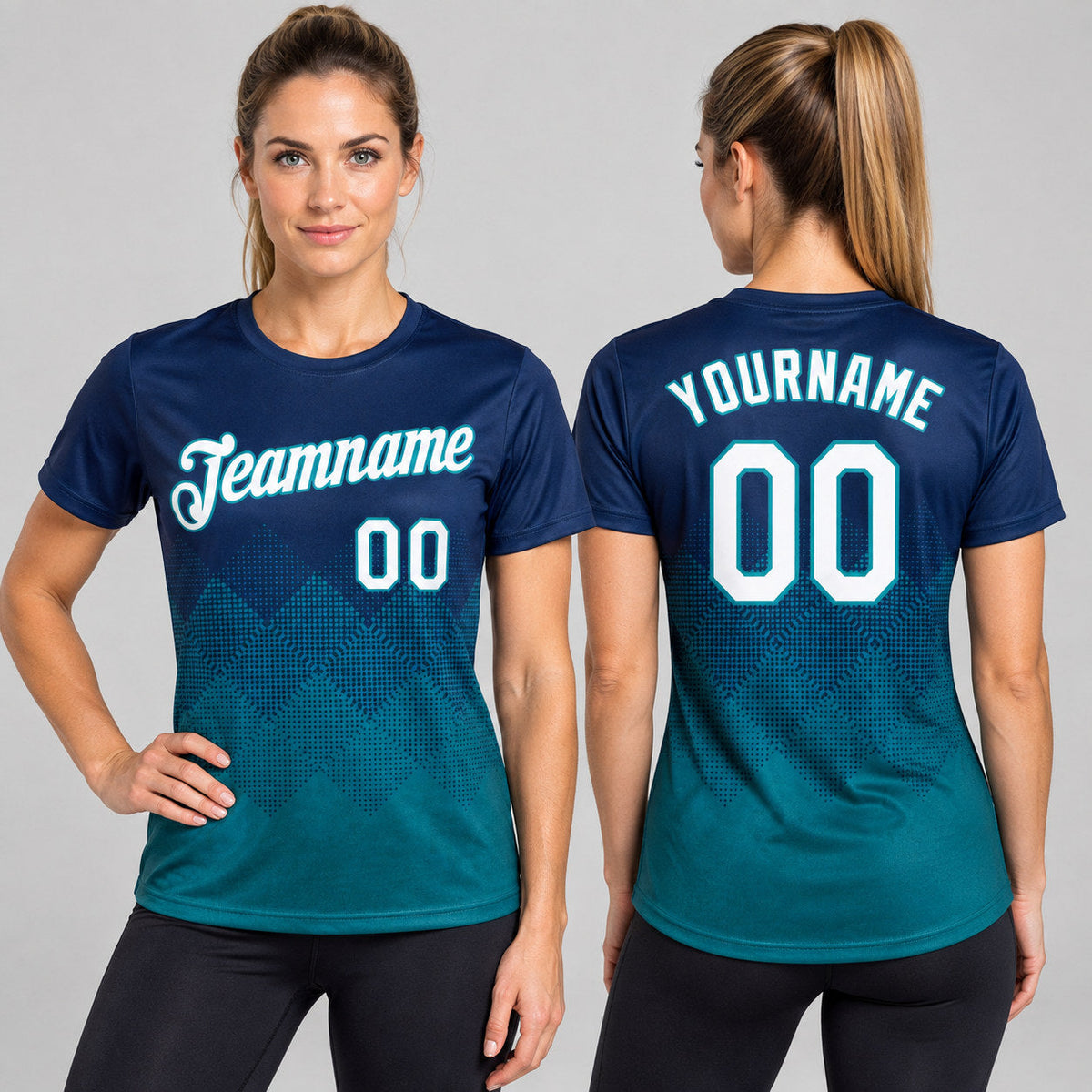 Custom Navy Gradient Square Shapes Performance T-Shirt with White and Teal Lettering worn by female model