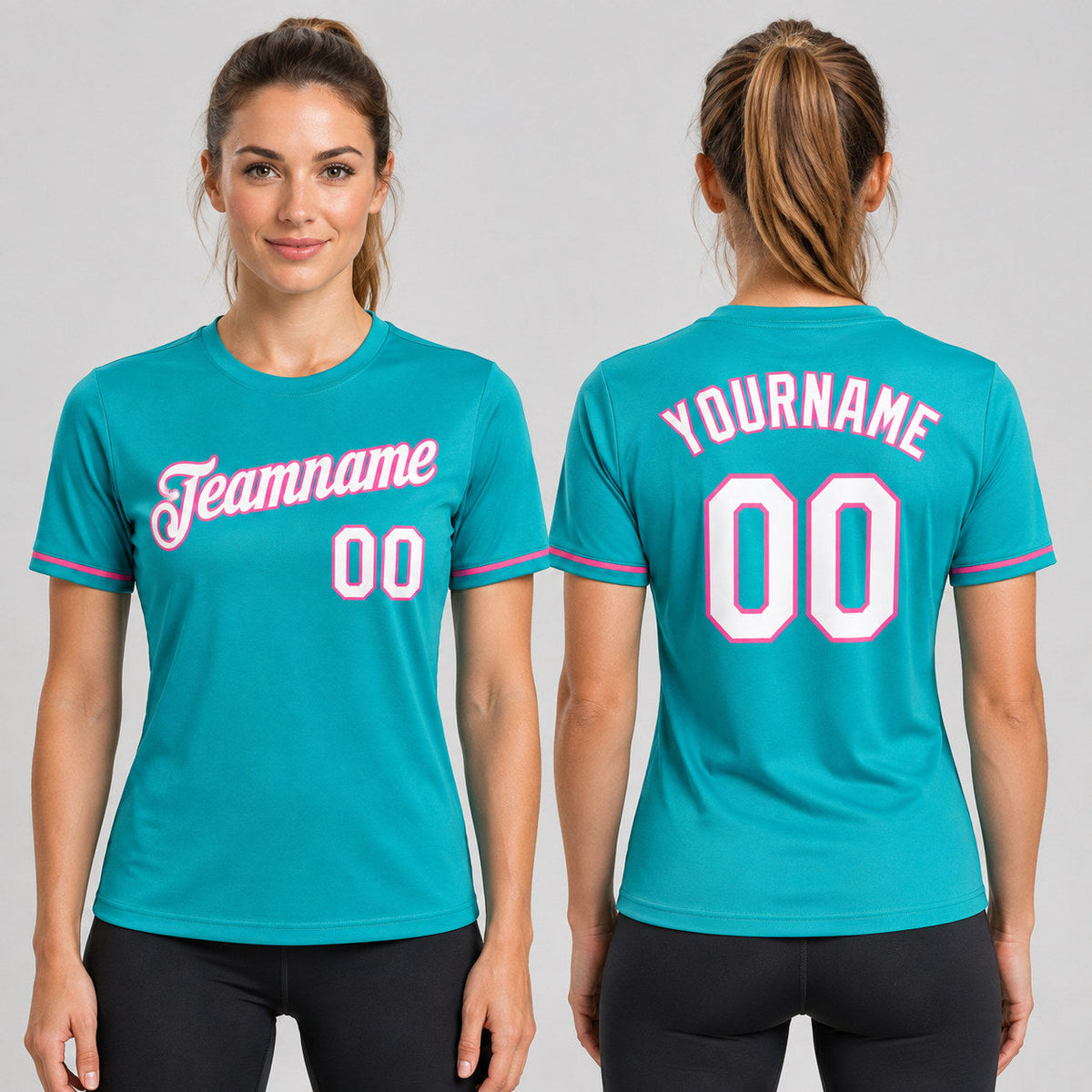 Custom Aqua Performance T-Shirt with White and Pink Lettering worn by female model