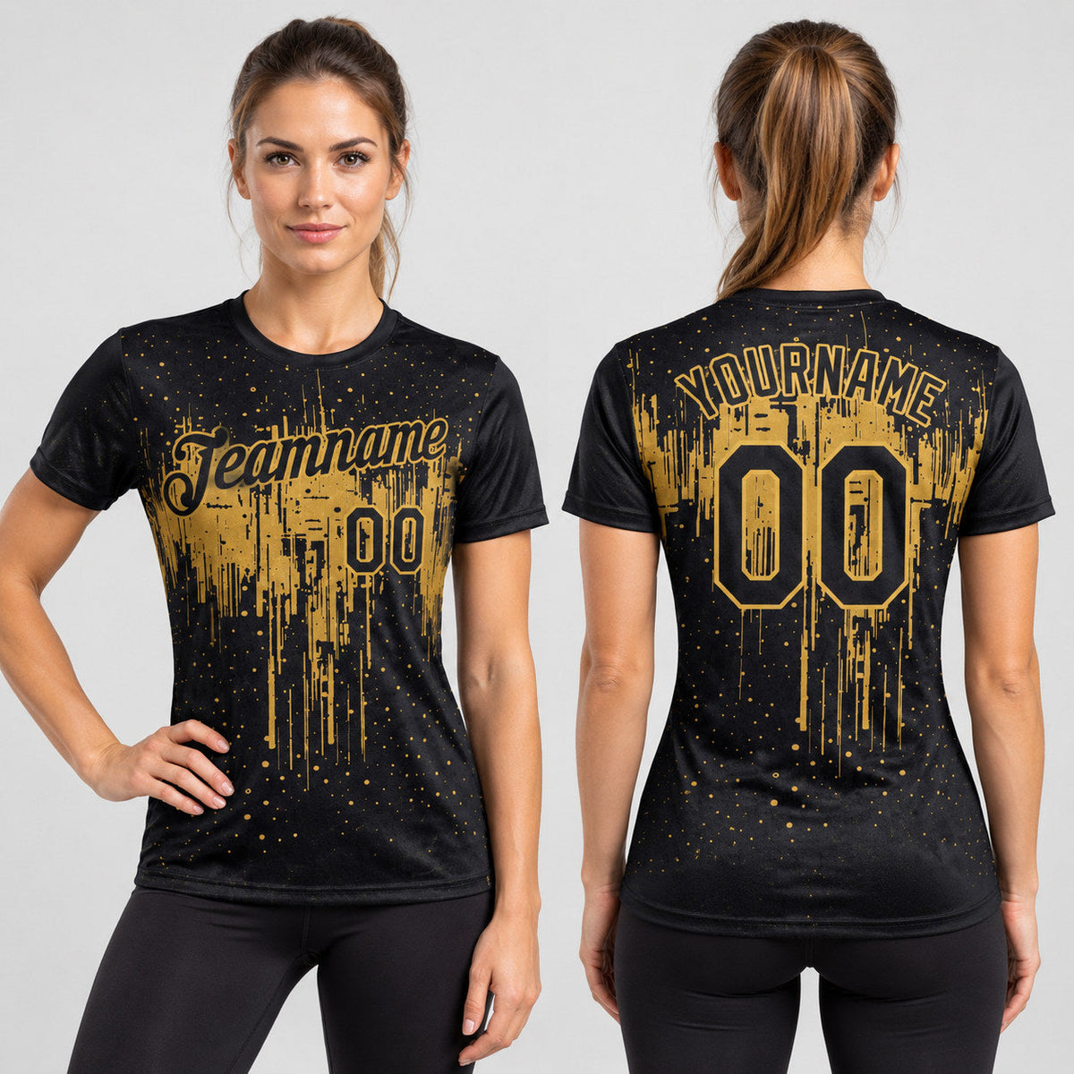Custom Black Dripping Splatter Art Performance T-Shirt with Old Gold Lettering worn by female model