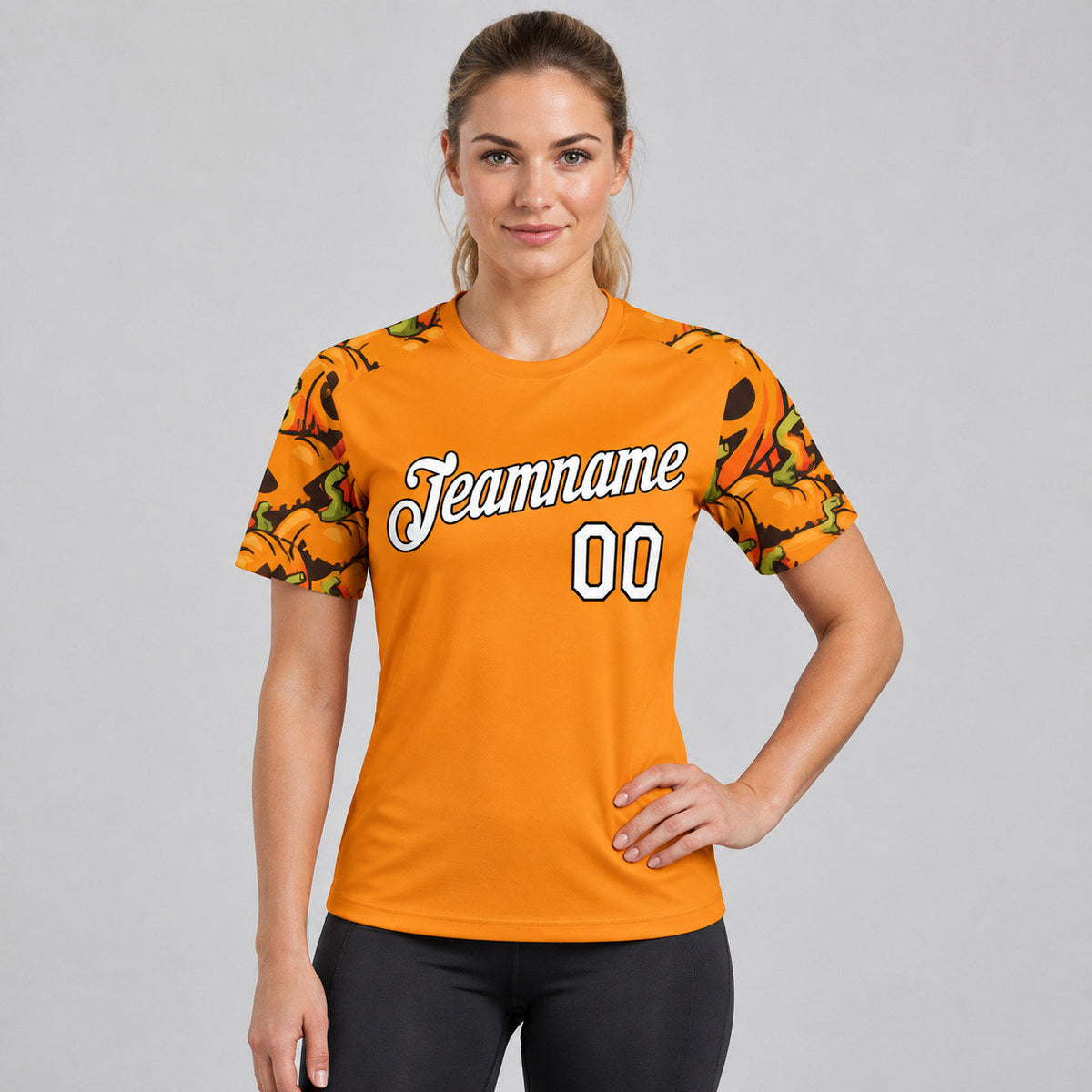 Custom Bay Orange Halloween Performance T-Shirt with White and Black Lettering Design 5508 worn by female model