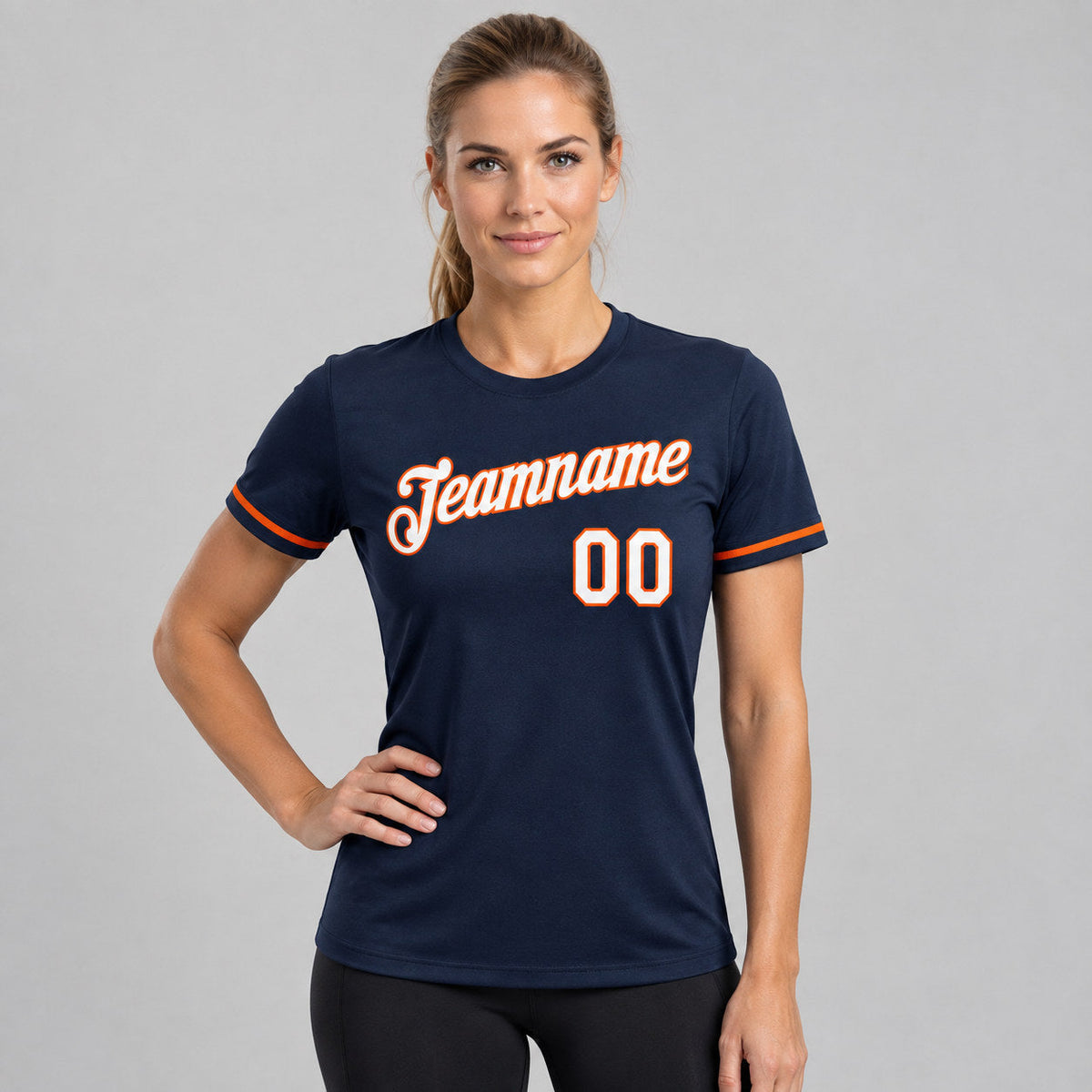 Custom Navy Performance T-Shirt with White and Orange Lettering worn by female model