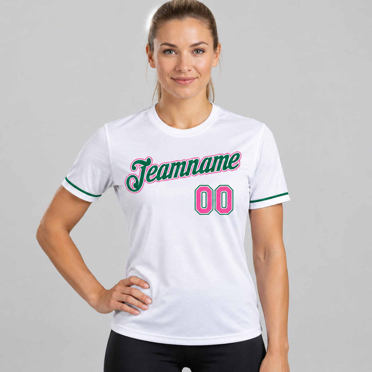 Custom White Performance T-Shirt with Pink and Kelly Green Lettering worn by female model