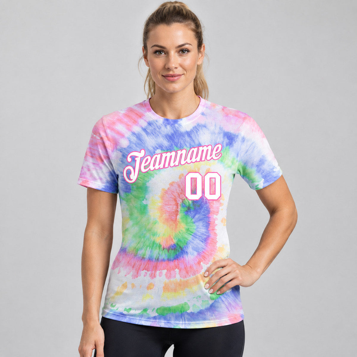 Custom White and Pink Tie Dye Performance T-Shirt worn by female model
