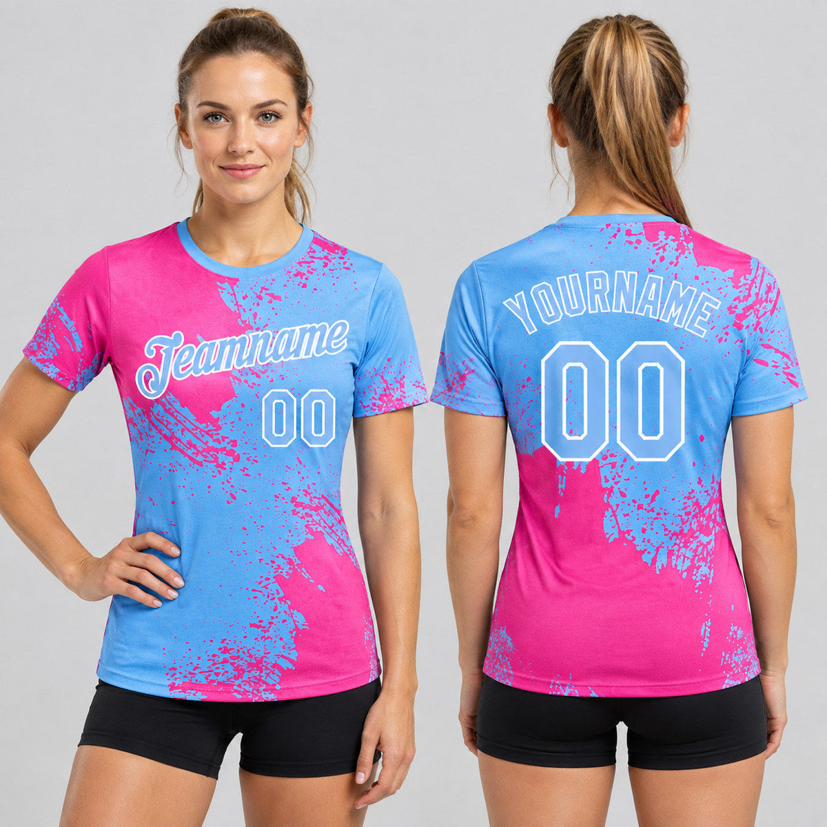 Custom Pink Abstract Brush Stroke Performance T-Shirt with Light Blue and White Lettering worn by female model
