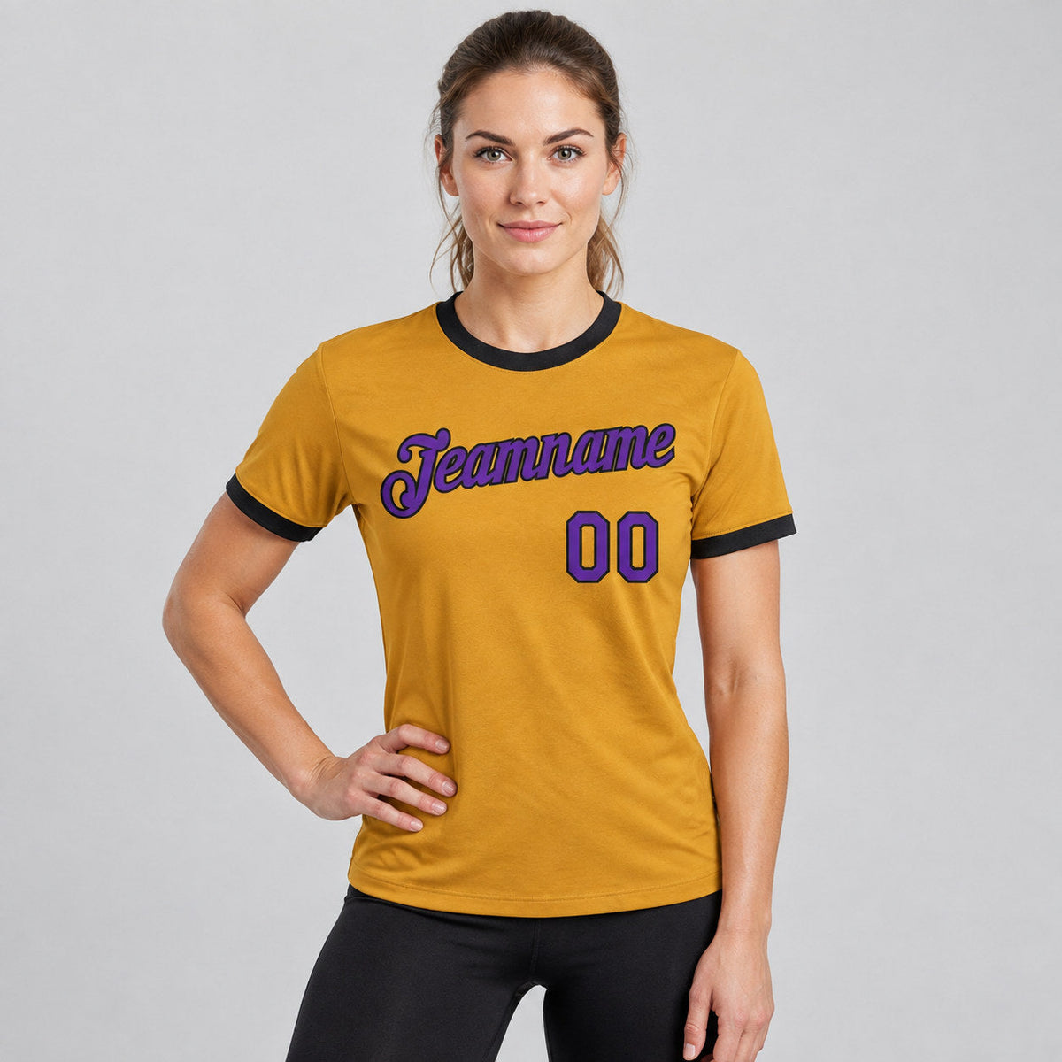 Custom Old Gold Performance T-Shirt with Purple and Black Lettering worn by female model