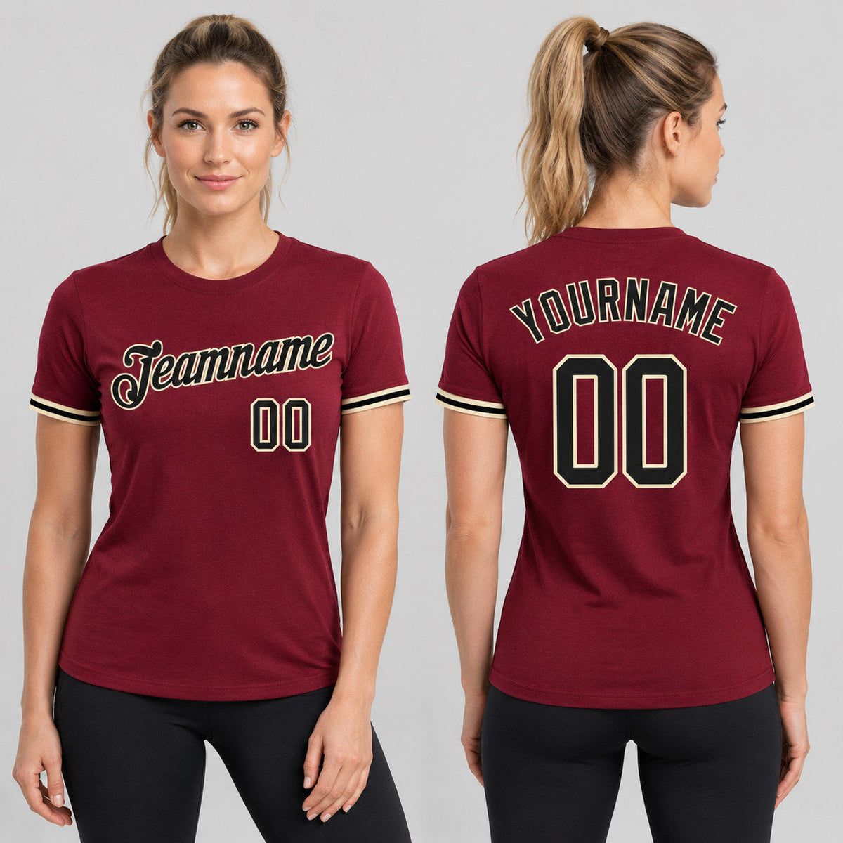 Custom Crimson Performance T-Shirt with Black and City Cream Lettering Design 0106 worn by female model