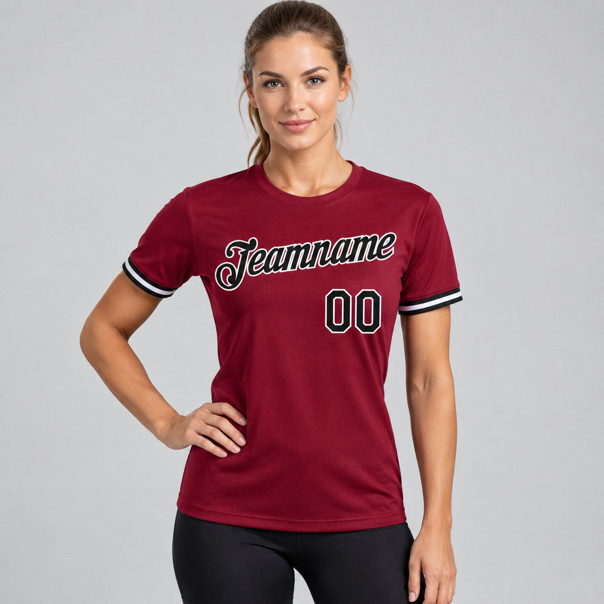 Custom Crimson Performance T-Shirt with Black and White Lettering worn by female model