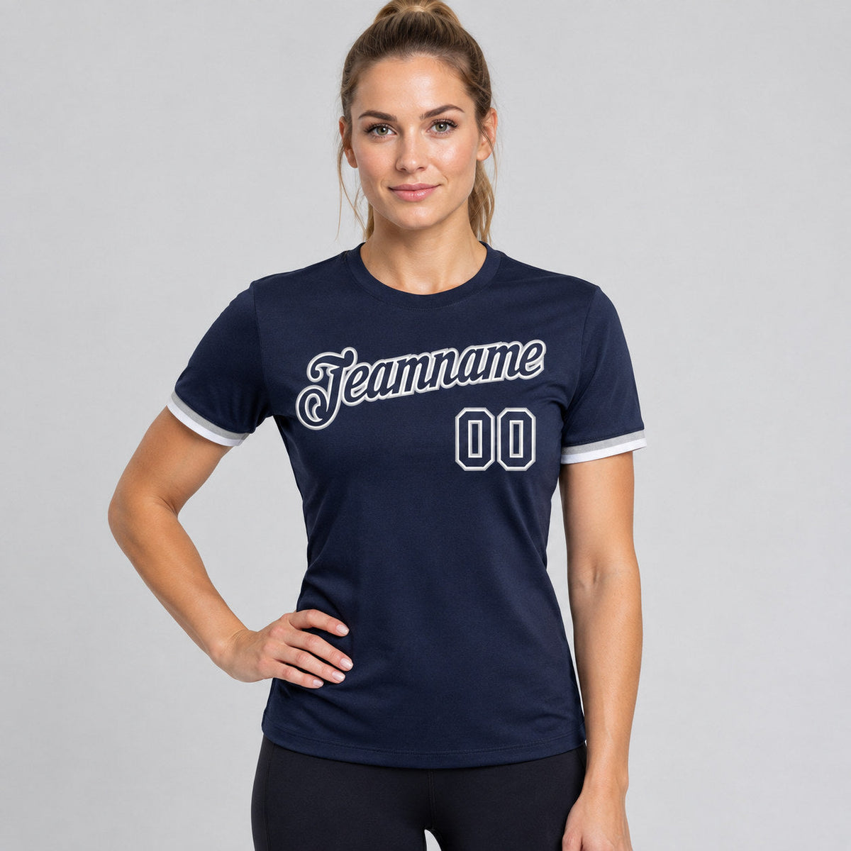 Custom Navy Performance T-Shirt with Navy and Gray Lettering worn by female model