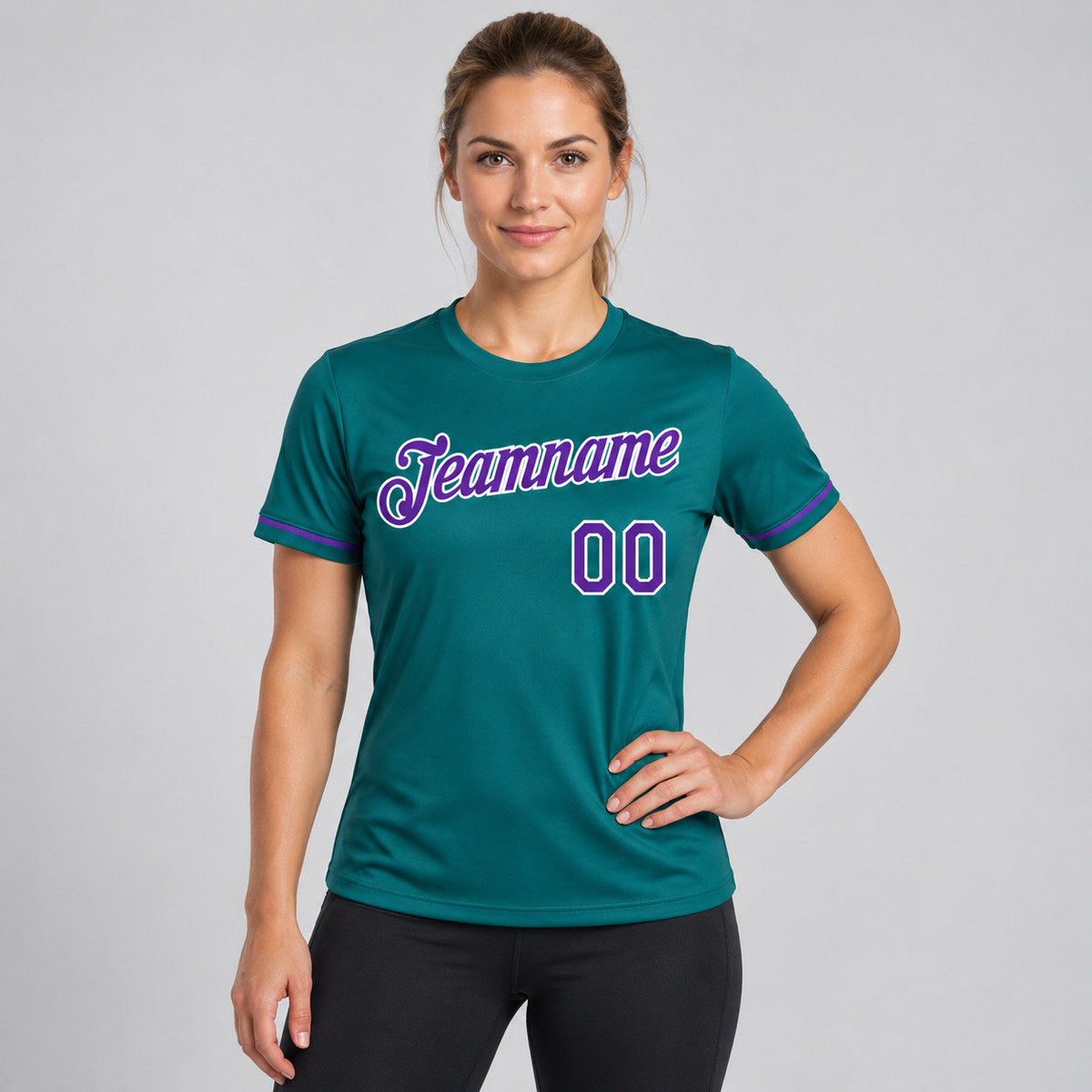 Custom Teal Performance T-Shirt with Purple and White Lettering worn by female model