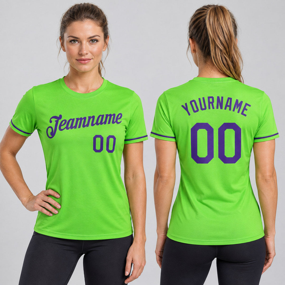 Custom Neon Green Performance T-Shirt with Purple Lettering worn by female model