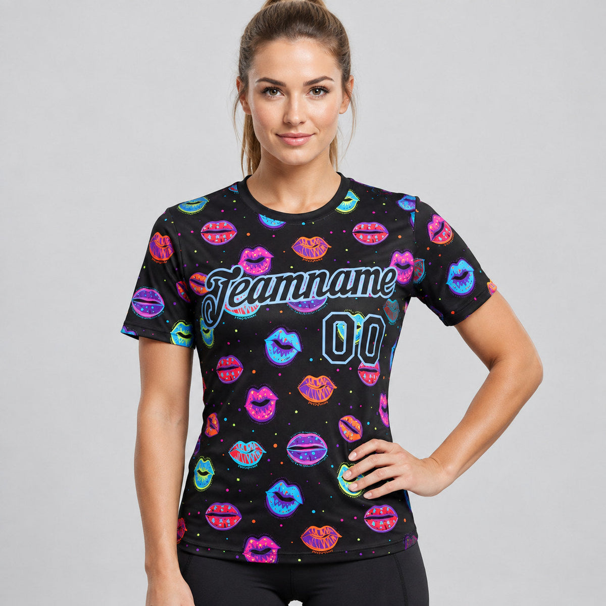 Custom Black and Light Blue Graffiti Dots And Kiss Lips Performance T-Shirt worn by female model