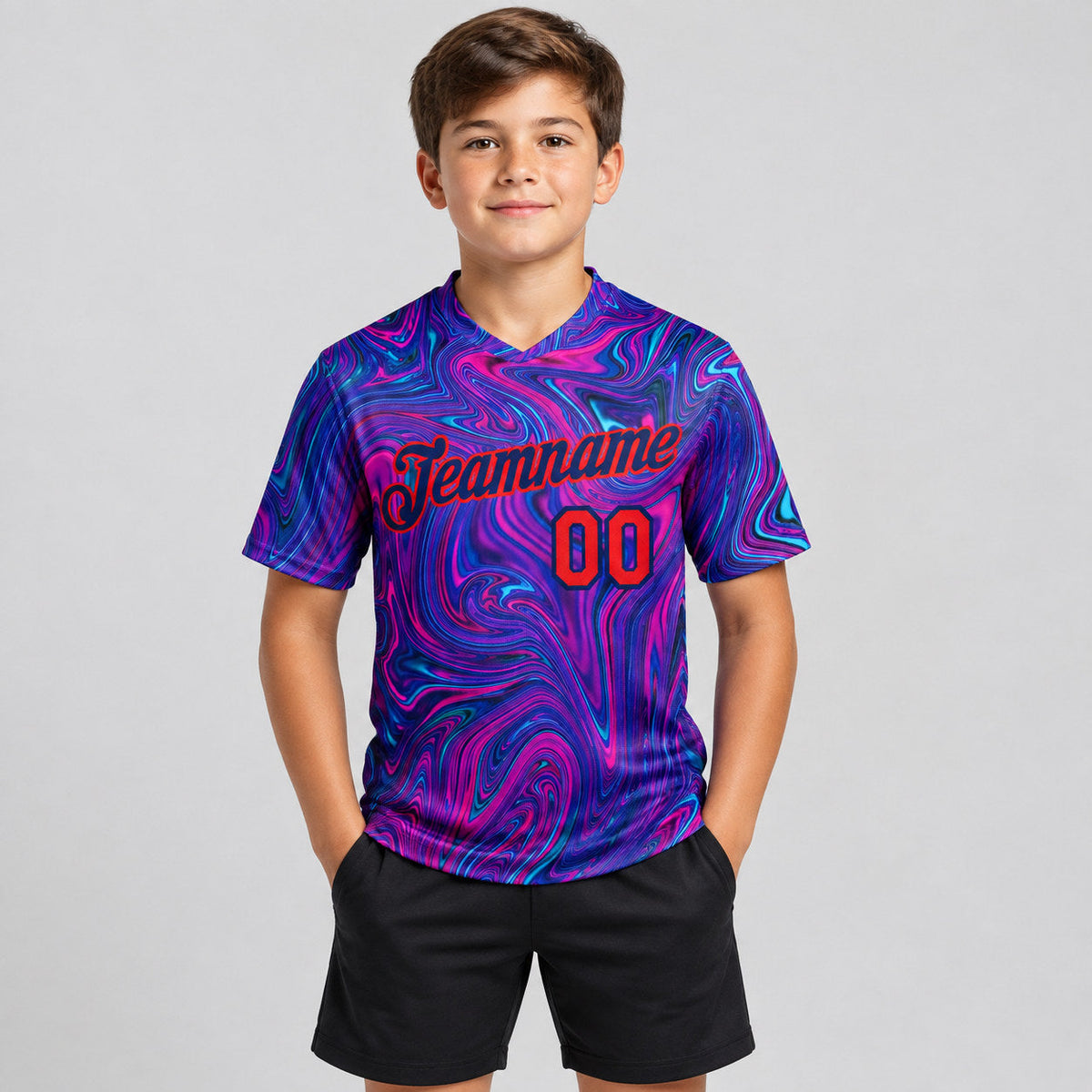 Custom Abstract Interweaving Curved Fluid Art Performance T-Shirt youth size worn by child model