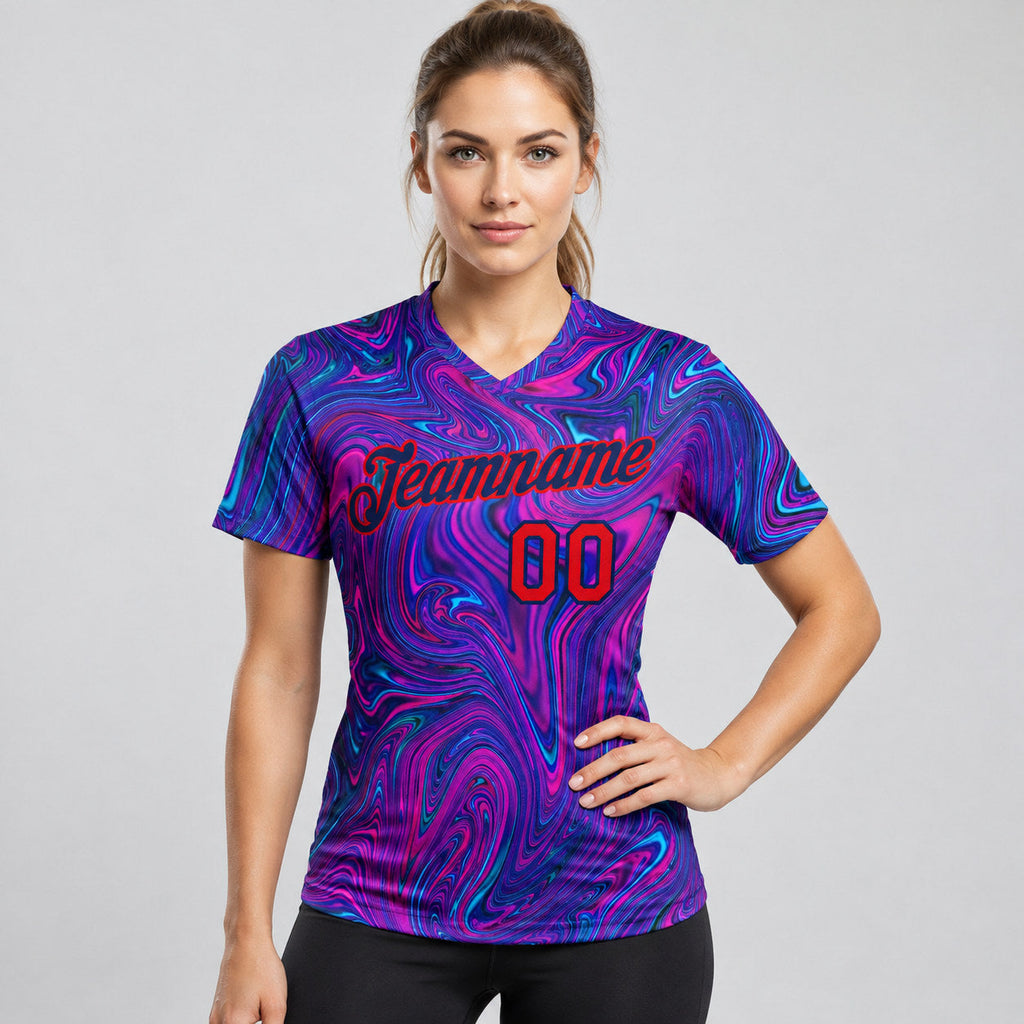 Custom Abstract Interweaving Curved Fluid Art Performance T-Shirt worn by female model