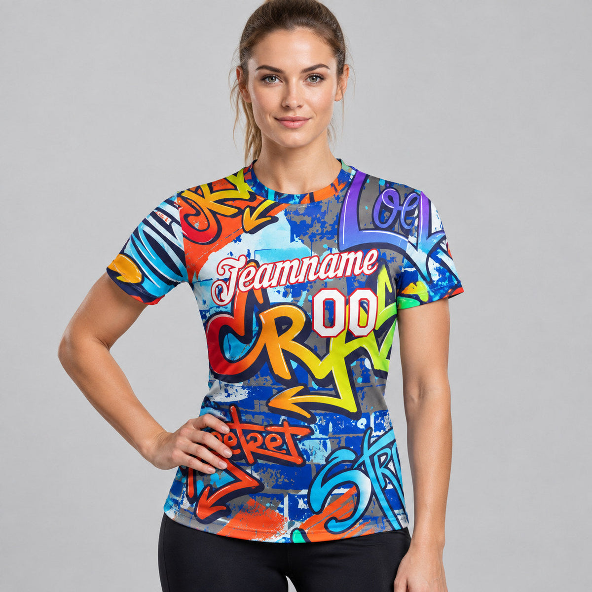 Custom White and Red Graffiti Vibrant MulticolorStreet Performance T-Shirt worn by female model