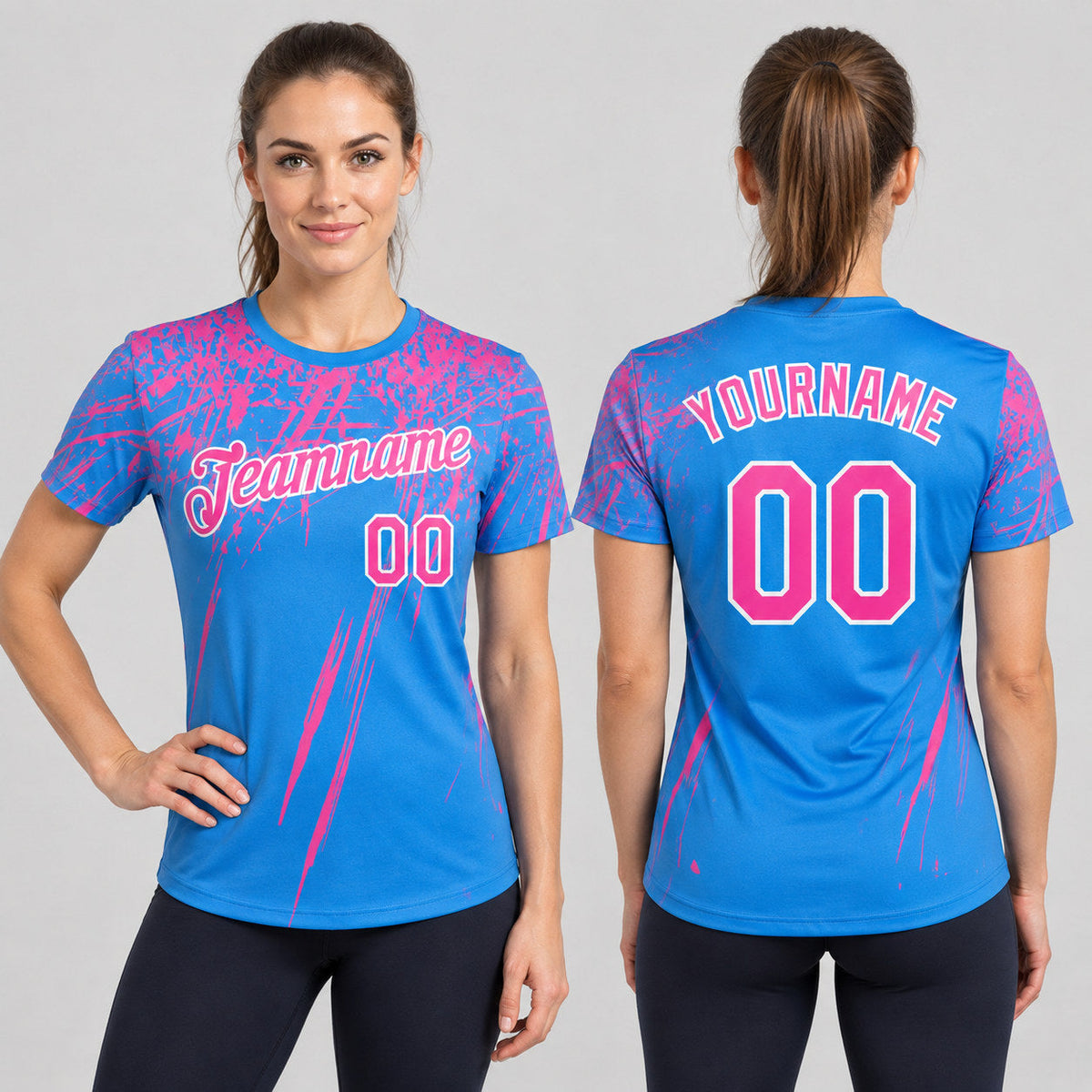 Custom Powder Blue Distressed Scratch Brush Stroke Performance T-Shirt with Pink and White Lettering worn by female model