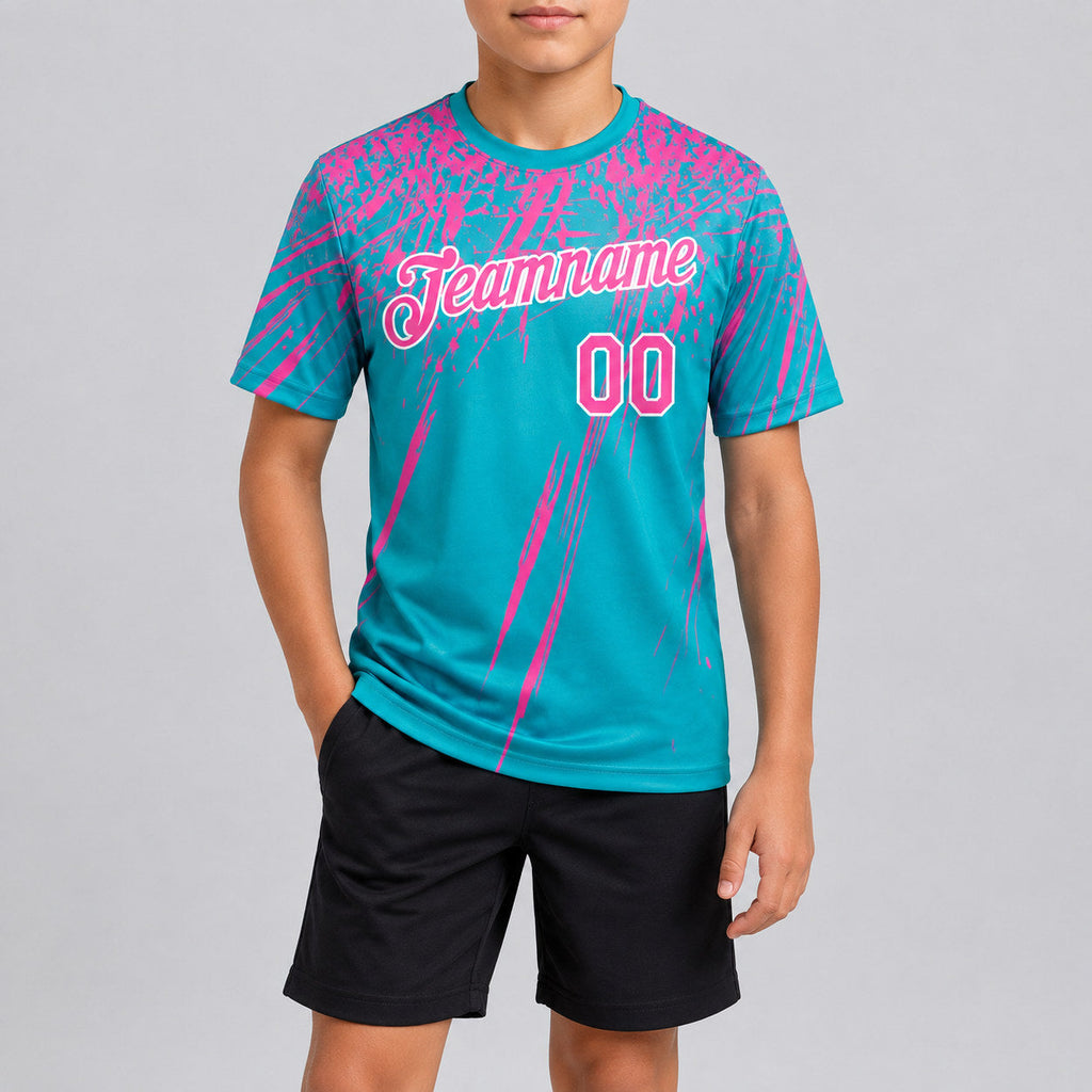 Custom Aqua Distressed Scratch Brush Stroke Performance T-Shirt with Pink and White Lettering youth size worn by child model