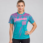 Custom Aqua Distressed Scratch Brush Stroke Performance T-Shirt with Pink and White Lettering worn by female model