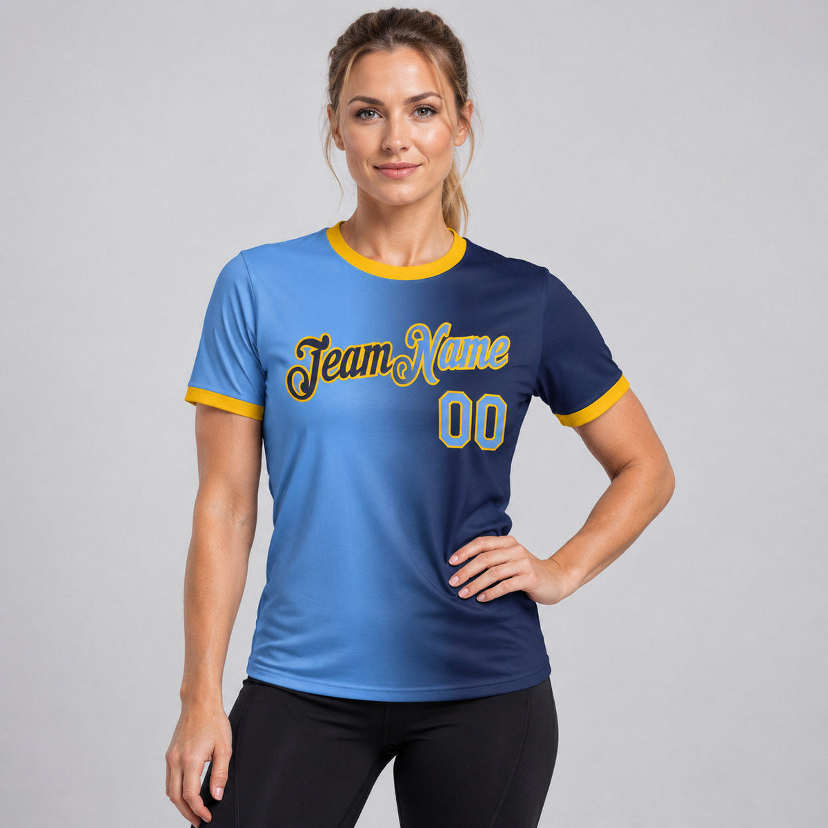 Custom Navy Gradient Performance T-Shirt with Light Blue and Gold Lettering Design 1073 worn by female model
