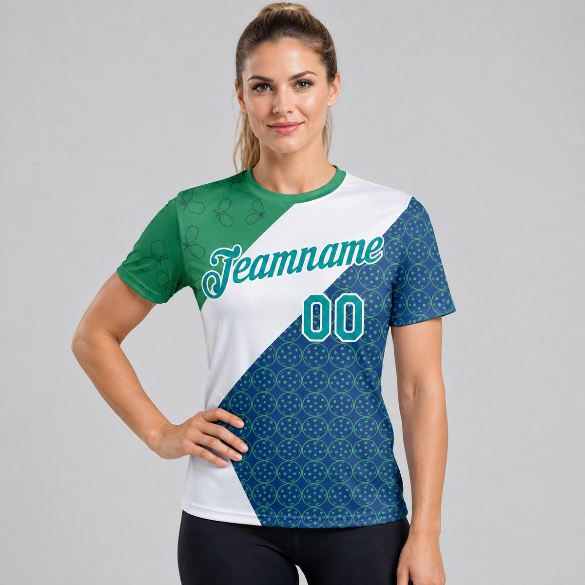 Custom Green Paddles Balls Pickleball T-Shirt with Teal Blue and White Lettering worn by female model