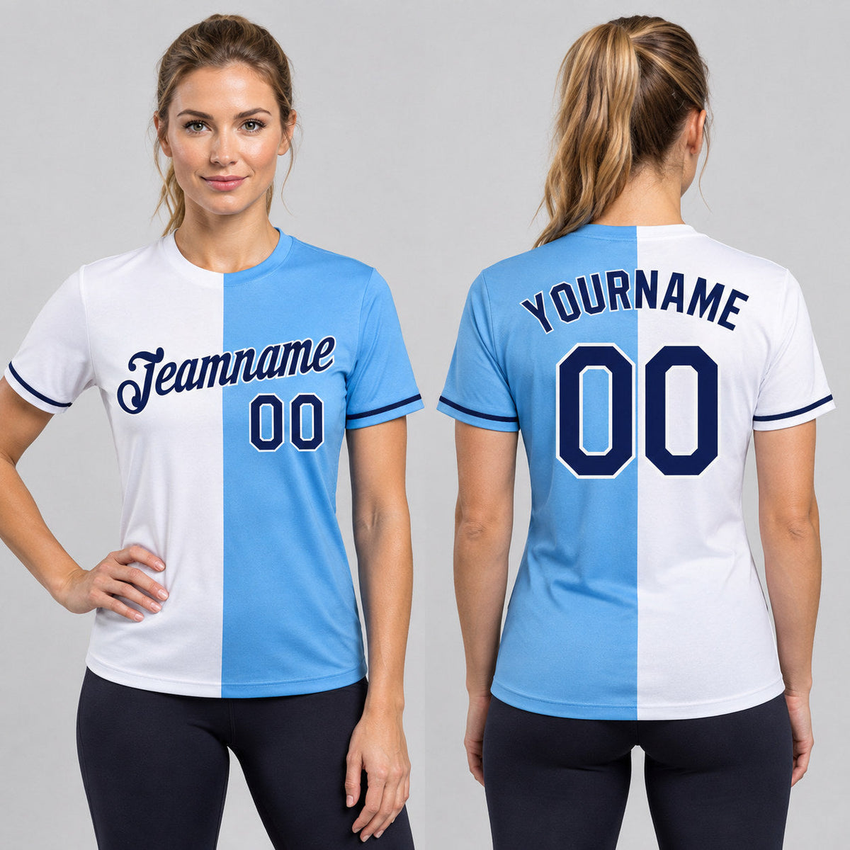 Custom Light Blue Split Performance T-Shirt with Navy and White Lettering worn by female model