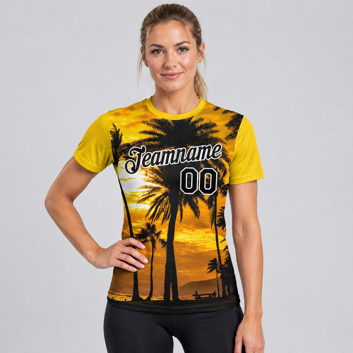 Custom Gold Hawaii Palm Trees Performance T-Shirt with Black and White Lettering worn by female model