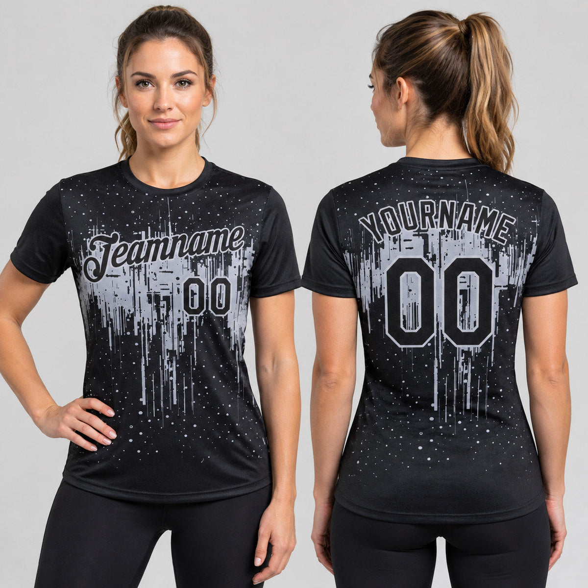 Custom Black Dripping Splatter Art Performance T-Shirt with Gray Lettering Design 4021 worn by female model