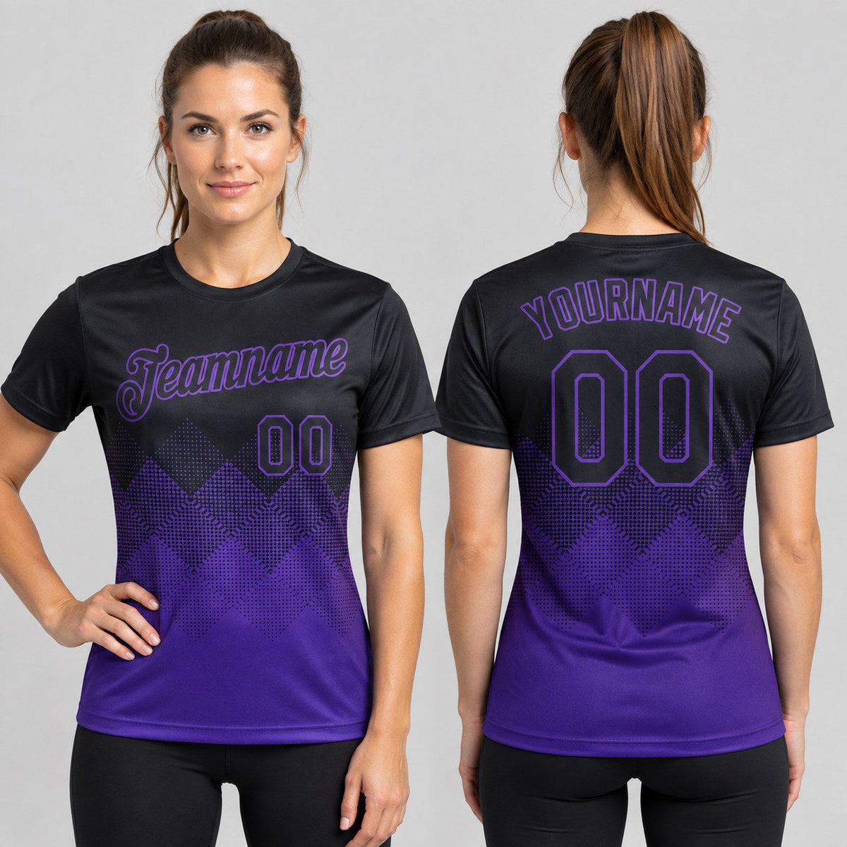 Custom Black Gradient Square Shapes Performance T-Shirt with Purple Lettering worn by female model