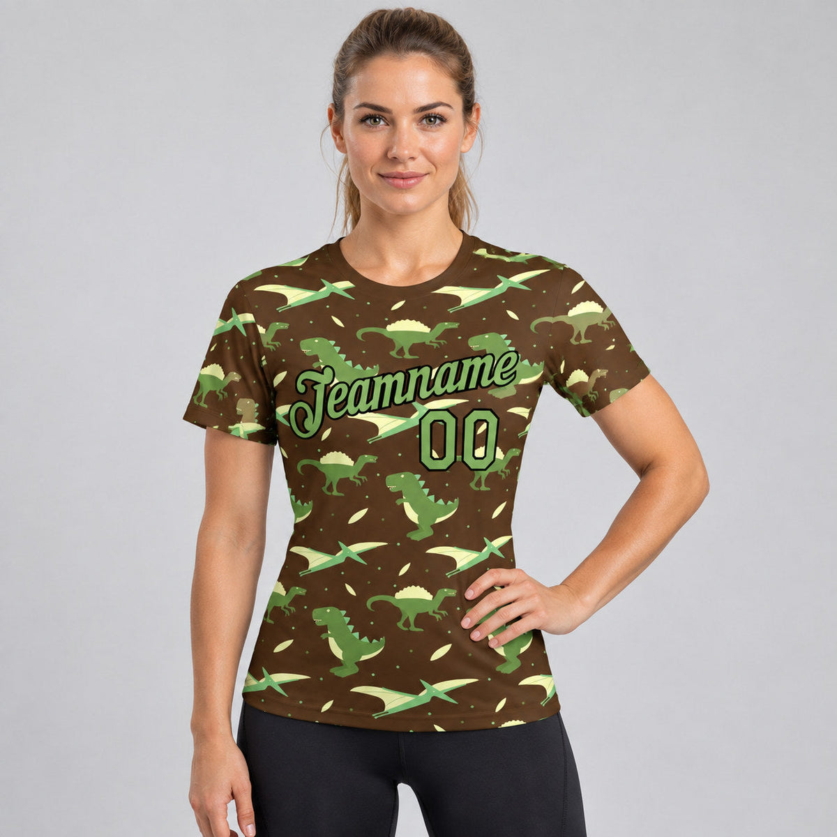 Custom Olive Dinosaur Performance T-Shirt with Neon Green and Black Lettering worn by female model
