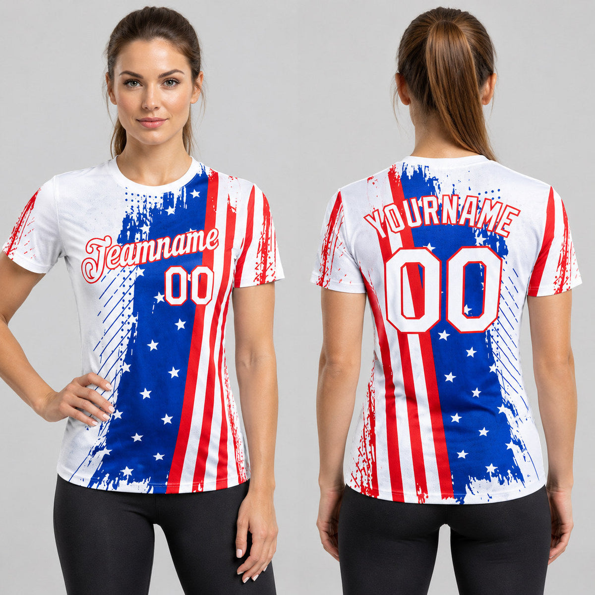 Custom White American Flag Patriotic Performance T-Shirt with Red and Royal Lettering Design 3513 worn by female model