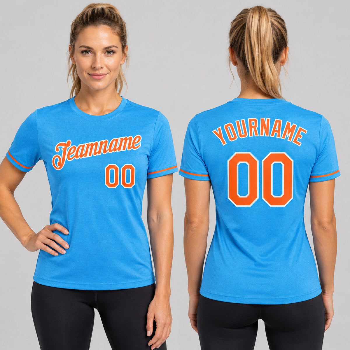 Custom Powder Blue Performance T-Shirt with Orange and White Lettering worn by female model