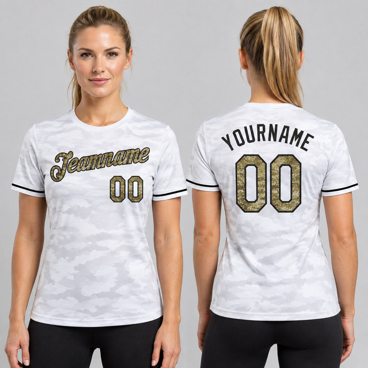 Custom White Camo Performance T-Shirt with Black Lettering worn by female model