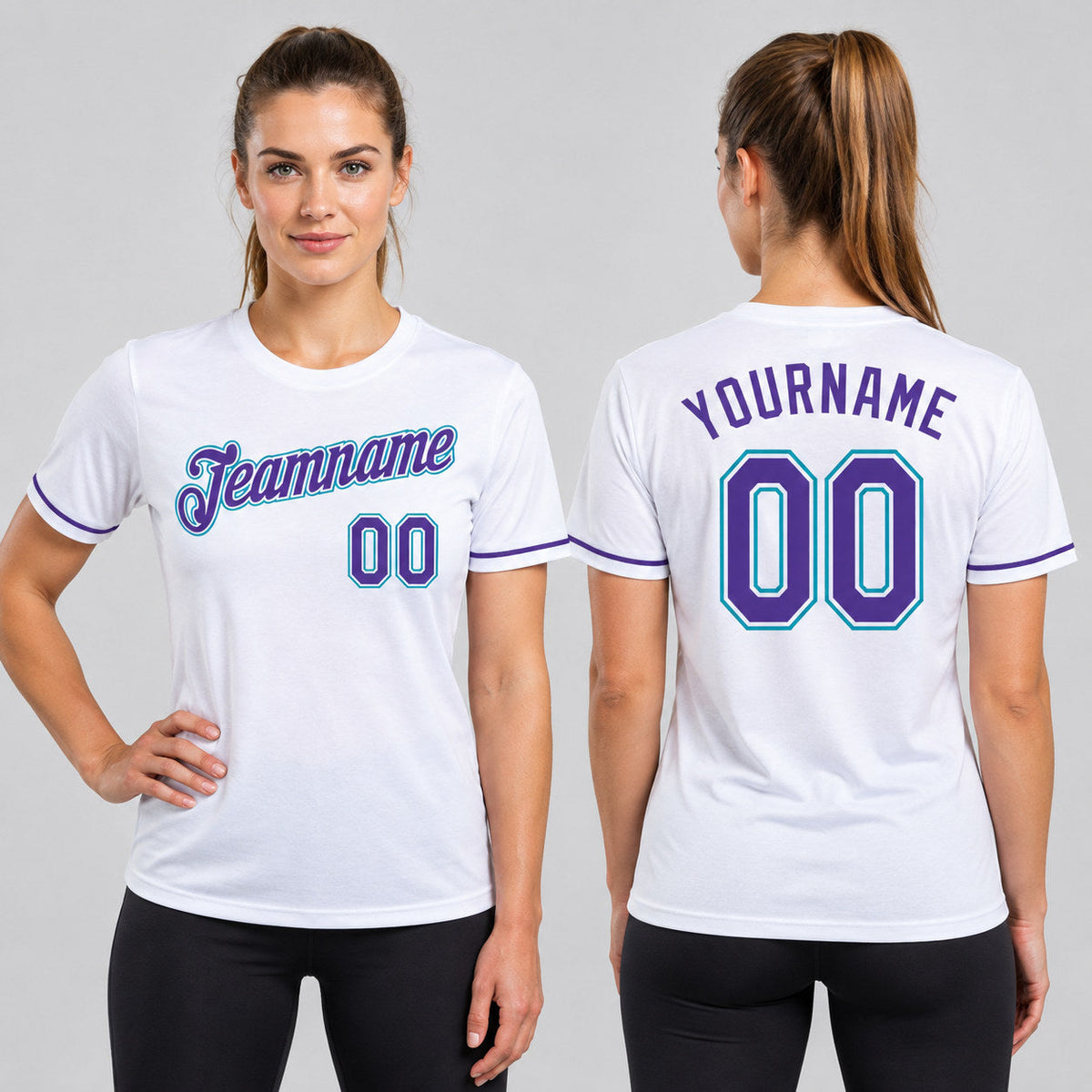 Custom White Performance T-Shirt with Purple and Teal Lettering worn by female model
